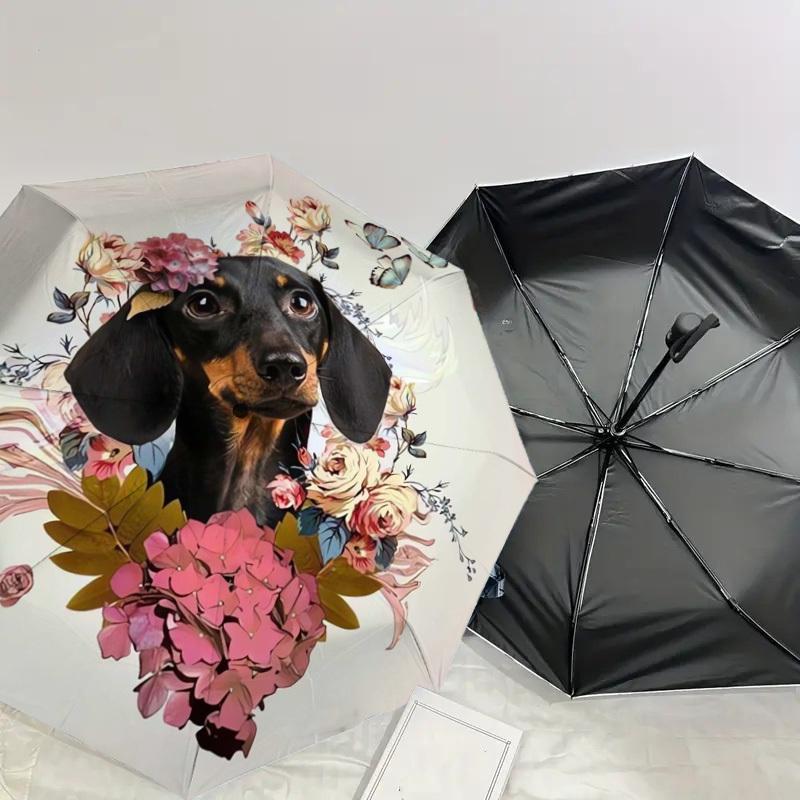 1pc Floral Dachshund with Butterflies Umbrella with Plastic Handle,Suitable for All Seasons Home Travel Outdoor UmbrellaDD1771