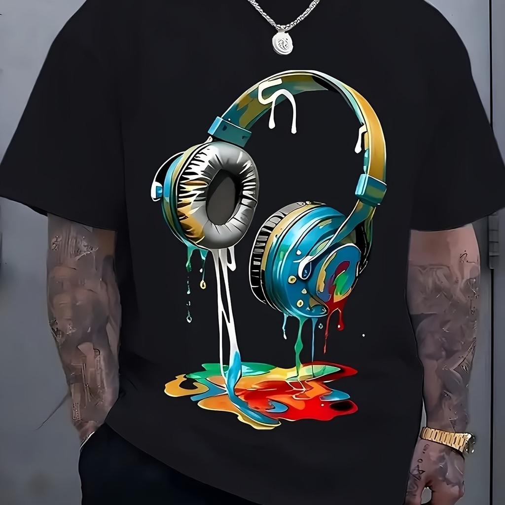 Colorful Headphones Paint Splatter Graphic Tee Breathable Cotton Relaxed Fit Casual Tshirt For Men