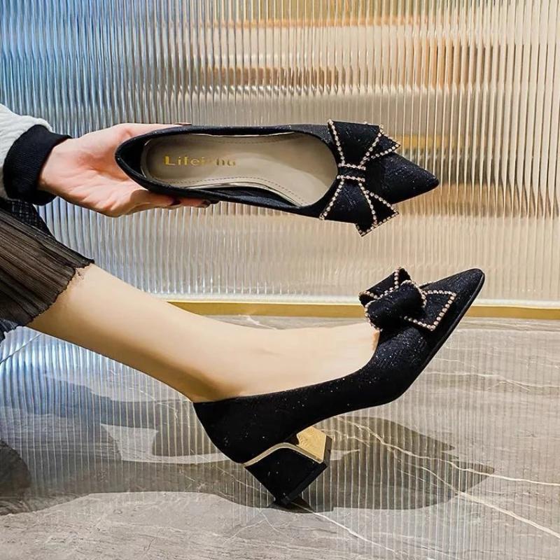 Fashion With Medium Heels Pointed Toe Shoes for Women Woman Pumps Block Heel Bow Chunky Spring Young Genuine Mark Korean Style Casual 39