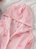 Girls White Heart Print Long Sleeve Hooded Robe Loungewear Set, Striped, Autumn/Winter, Soft Comfortable Cute, Pajamas Loungewear Indoor Set