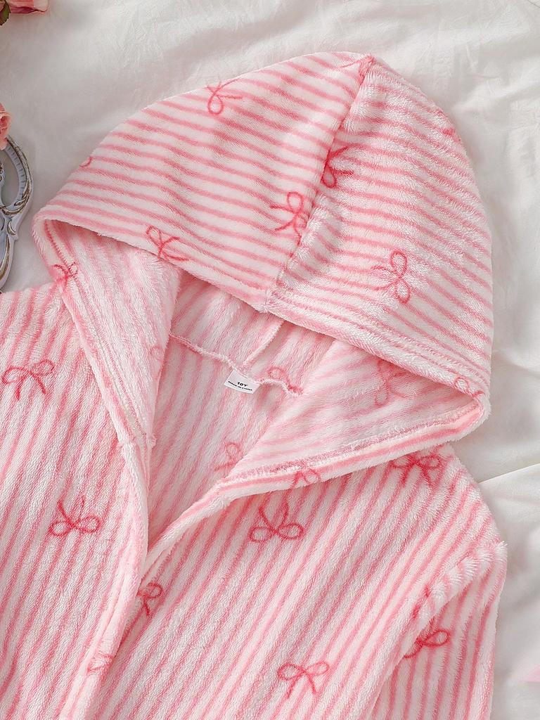 Girls White Heart Print Long Sleeve Hooded Robe Loungewear Set, Striped, Autumn/Winter, Soft Comfortable Cute, Pajamas Loungewear Indoor Set