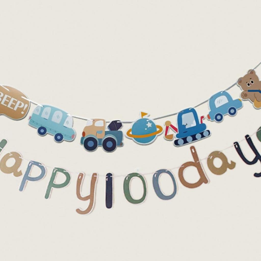 Children's Birthday Cartoon Car Banner for Boys - Baby's First Birthday Party Decor and Themed Background