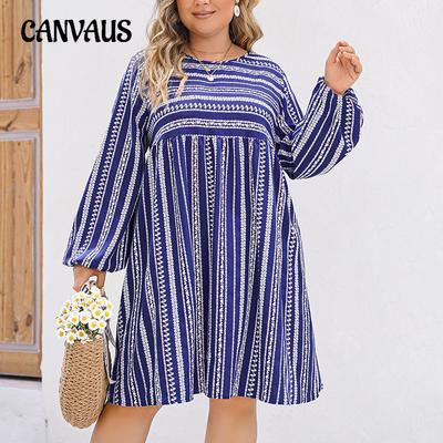 Frühlingskleid für Damen in Übergröße, lockeres Langarmkleid mit gestreiftem Aufdruck und Temperament