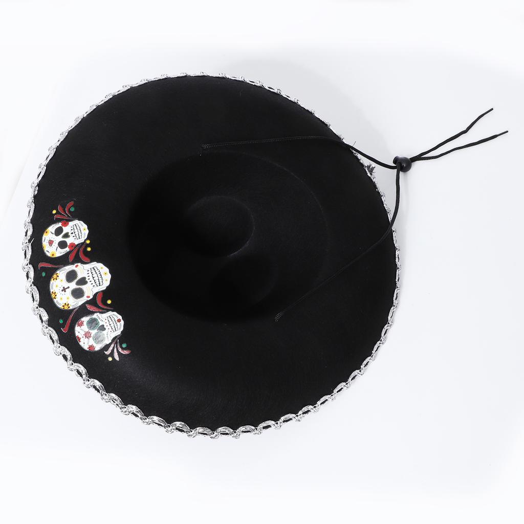 Corned Mexican Hat with Skull Design & Metallic Braid, Wide Brim Festival Accessory for Halloween Carnival Themed Parties