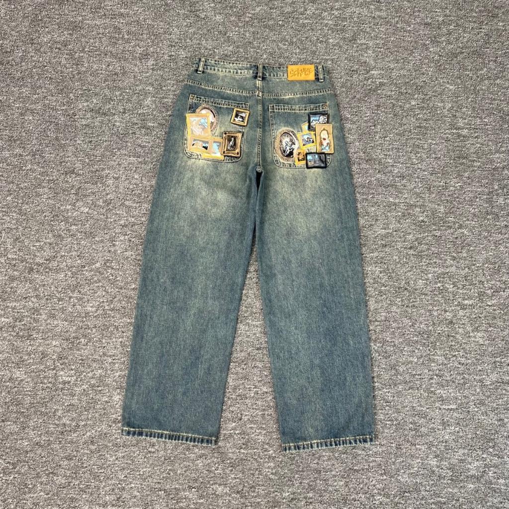 American Retro Harajuku Floral Embroidery Baggy Jeans Men High Street Trendy Streetwear Y2K Casual Straight Pants