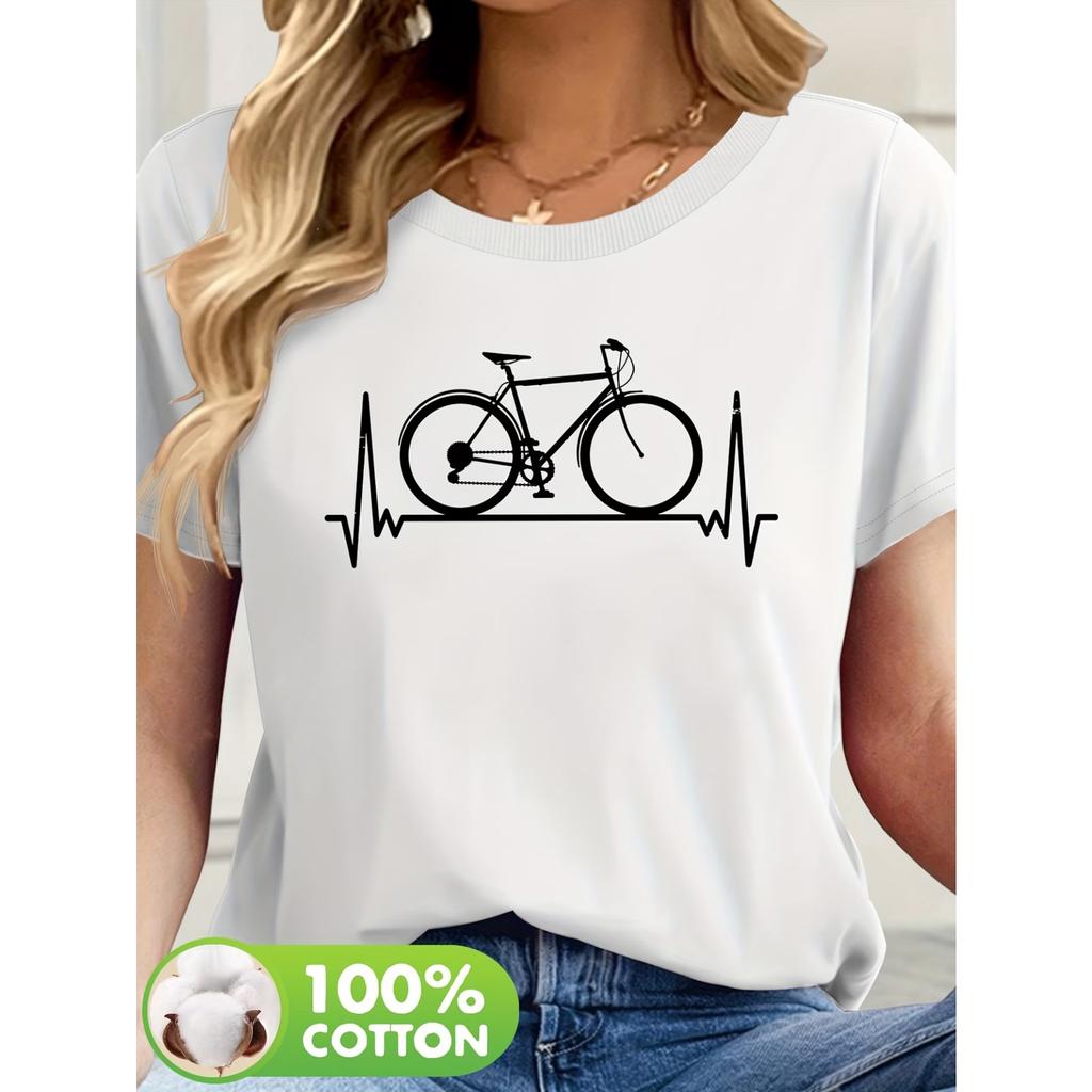 Women's Casual Short Sleeve T-Shirt with Bicycle Graphic Print & Heartbeat Line Design - Light Yellow Round Neck Summer Tee