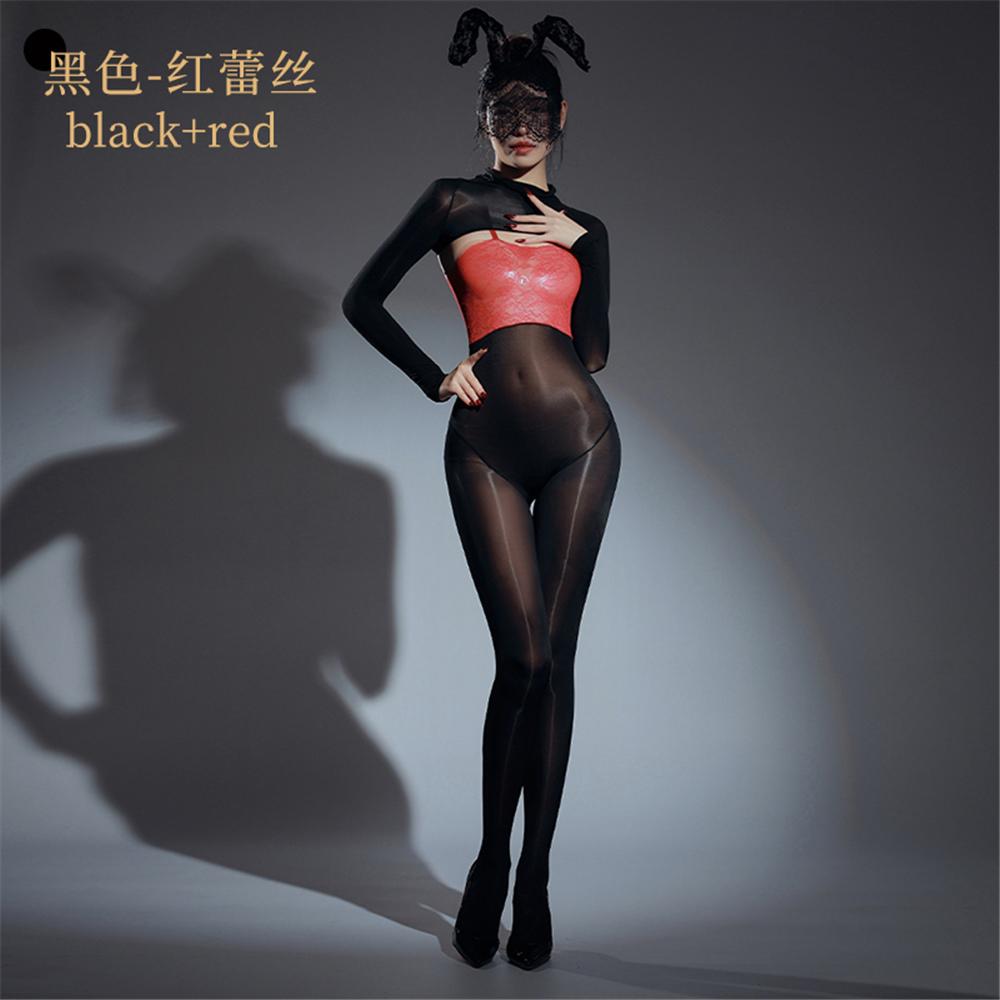 Sexy Women Patchwork Yoga Bodysuit Oil Glossy Shiny Open Crotch Shaping Tights Sheer See Through Cosplay Maid Leotard