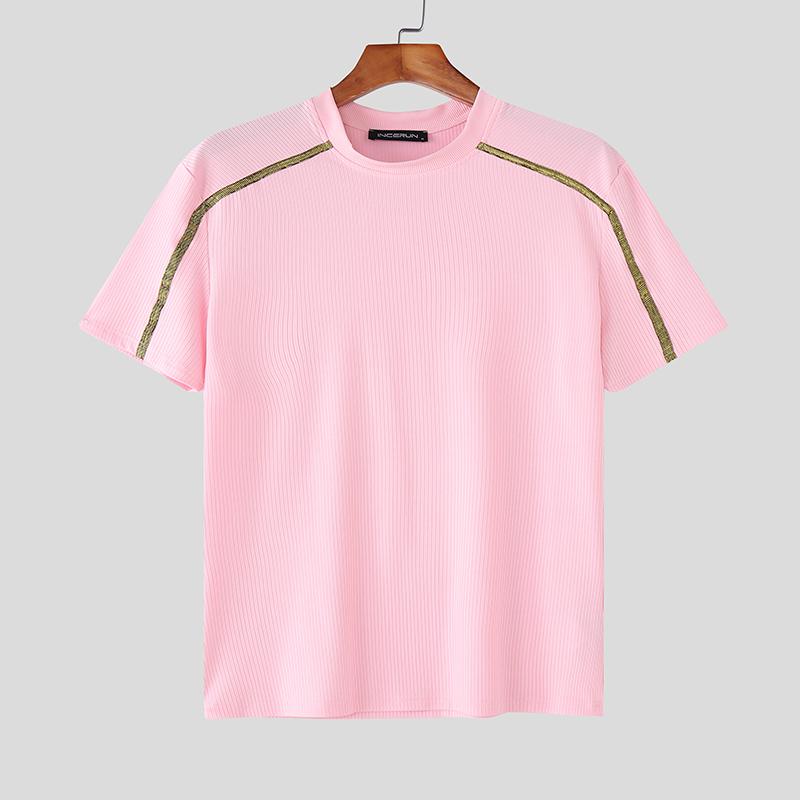 

INCERUN Men Summer T-shirts Casual Short Sleeve Stitching Fitted Tops 5XL розовый