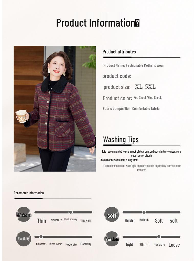 Women's 50+ Plaid Plus Velvet Warm Coat - Lightweight Autumn/Winter Cotton Jacket