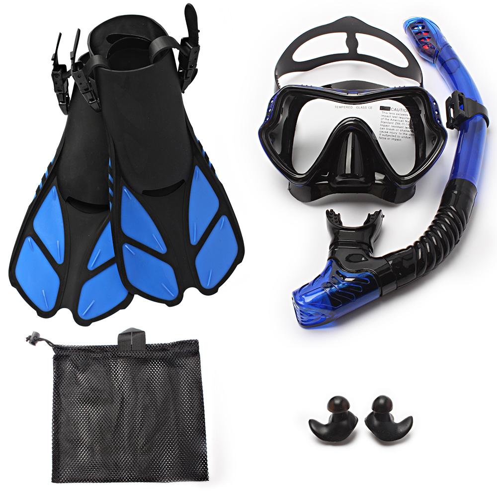 JSJM 1+1+1 Professional Scuba Diving Mask Equipment Diving Glasses HD Anti Fog Scuba Mask Underwater Snorkeling Snorkel Flippers