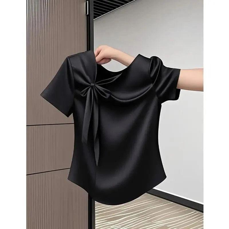 

French Bow Short-sleeved T-shirt Looks Good in Summer Fashionable and Versatile All-match Pink Design Top 4XL чорний