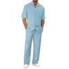 Men's Summer Hawaiian Solid Stripe Textured Button Shirt Trousers Set