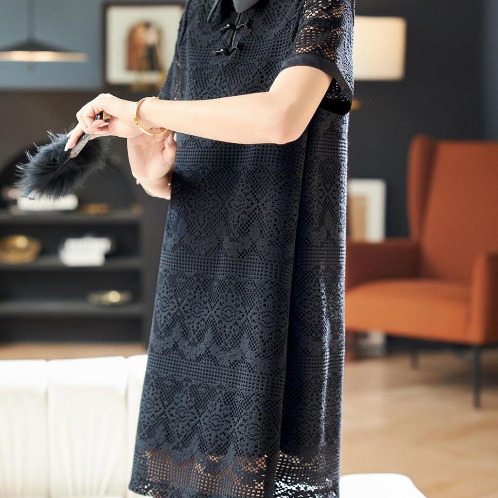 Summer Loose Women's Dress: Chinese Style Frog Button, Short Sleeve Lace Skirt, New 2026 Black Straight Design