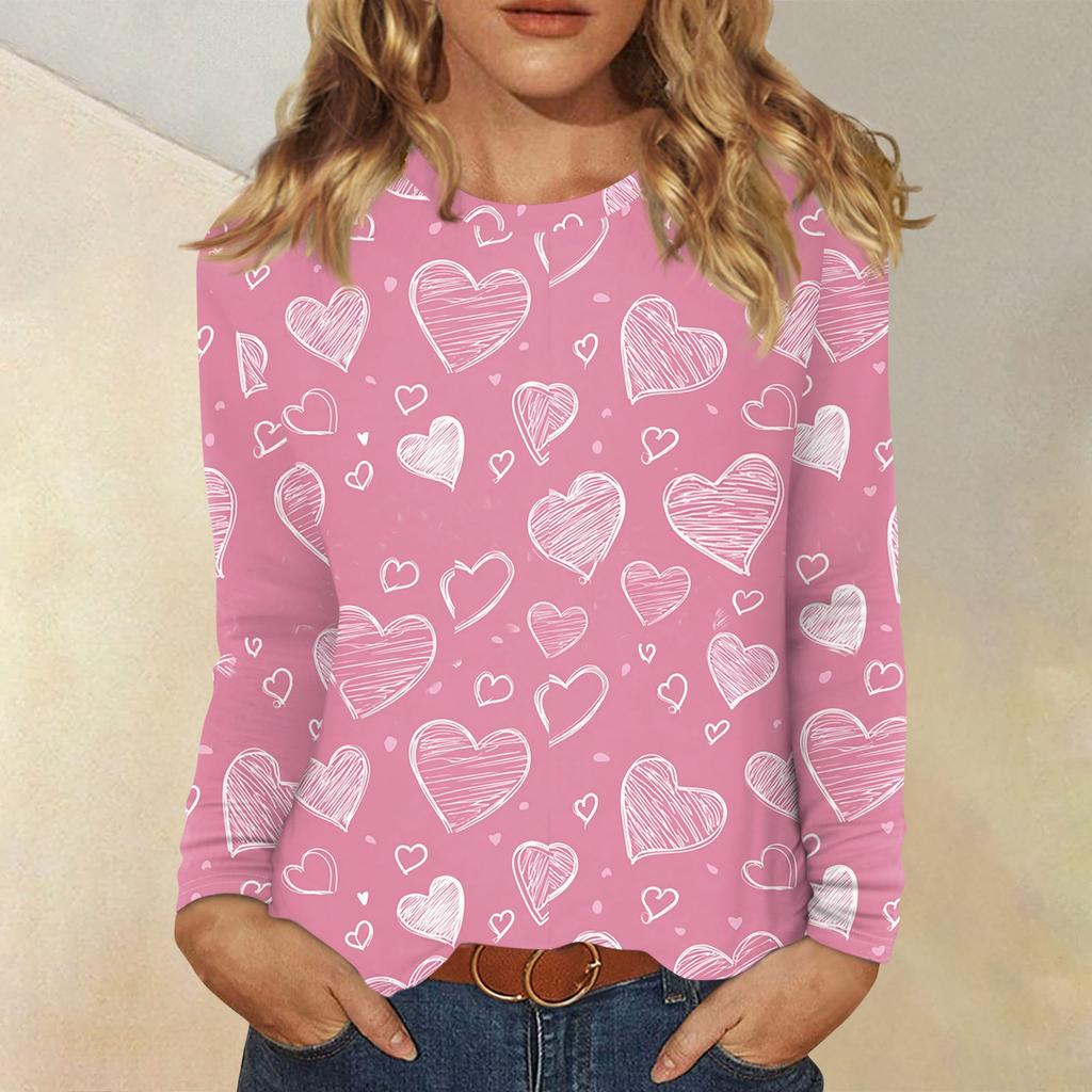 Damen Valentinstag Modisches Herzmuster Rundhals Langarm Pullover Top