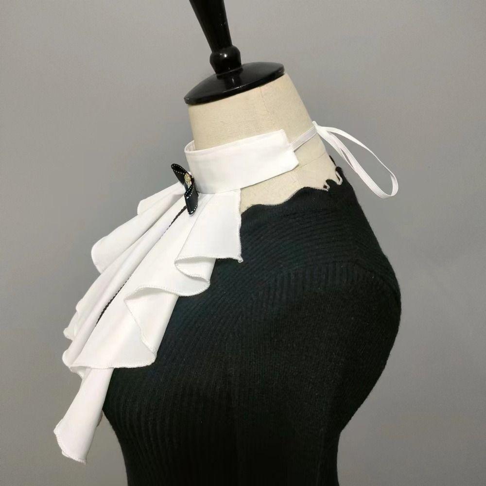 Ruffled Design Lolita Jabot Neck Crystal Decorated Detachable Jabot False Collar Chiffon Gothic Collar Victorian Theme