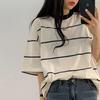 Women's Oversized Cotton T-Shirt: Trendy Korean Style, Short Sleeve, Mid-Length, Plus Size Summer Stripes.