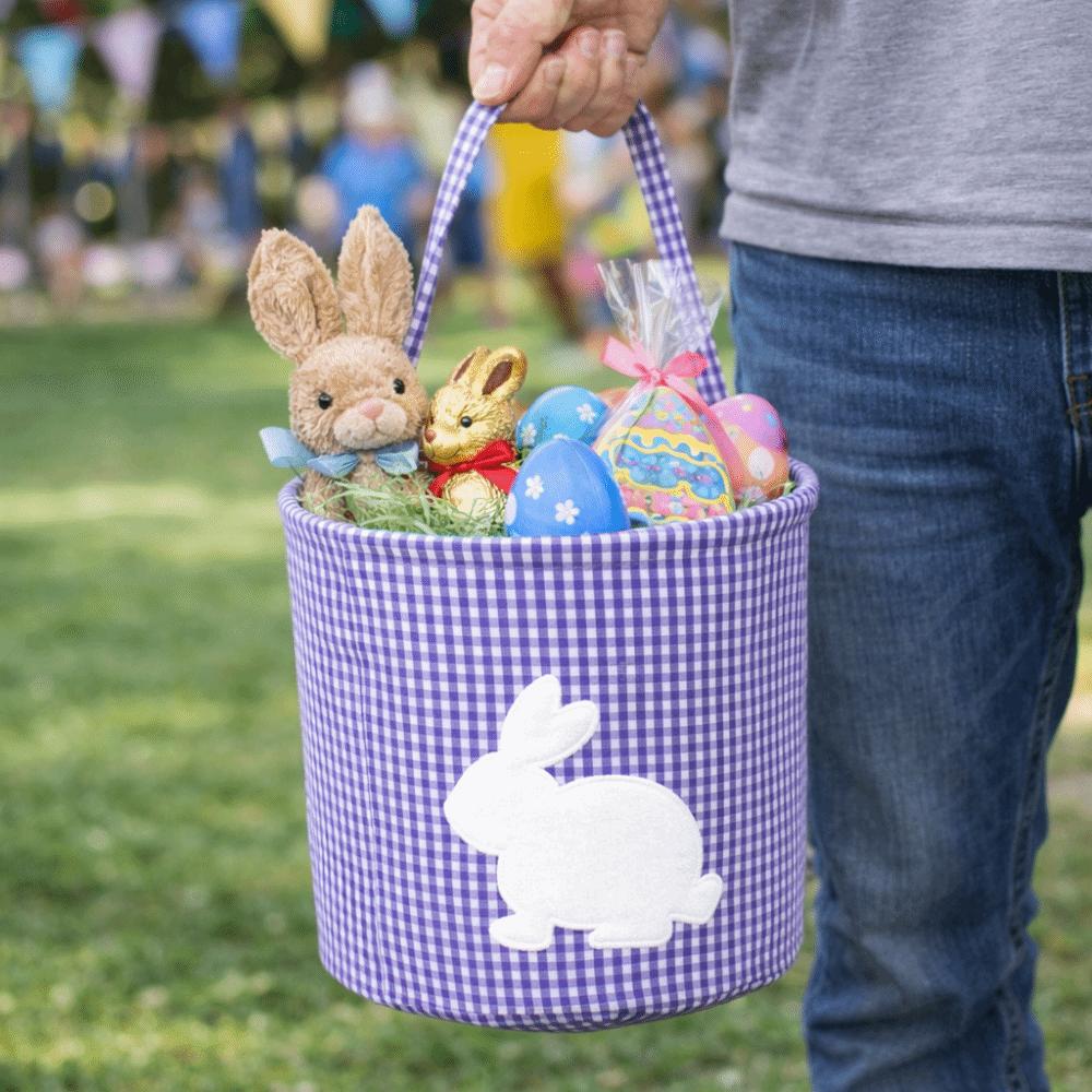 Reusable Embroidery Easter Rabbit Basket Cloth Plaid Easter Egg Hunt Basket Tote Style Decorative Storage Bag School Event