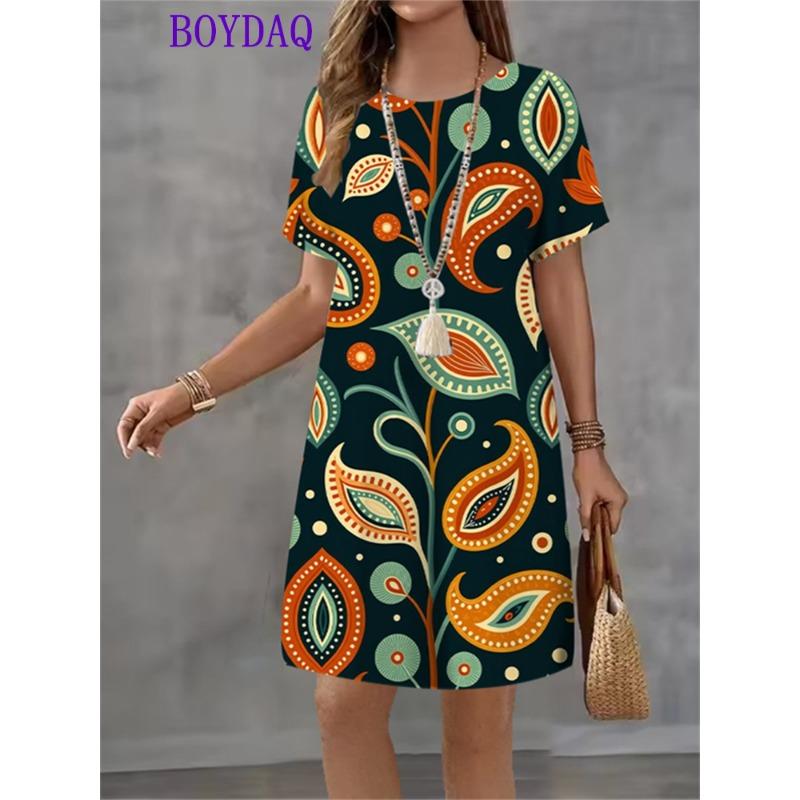 Women Dress Vintage Print Short Sleeve O-Neck Dresses 2025 Summer Autumn Fashion Casual Harajuku Dress Female Party Clothing