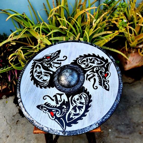 60.96 Cm Wooden Shield Dragon Print Medieval Viking Shield Replica Valhalla Shield Fenrir Gray Battle Worn Shield