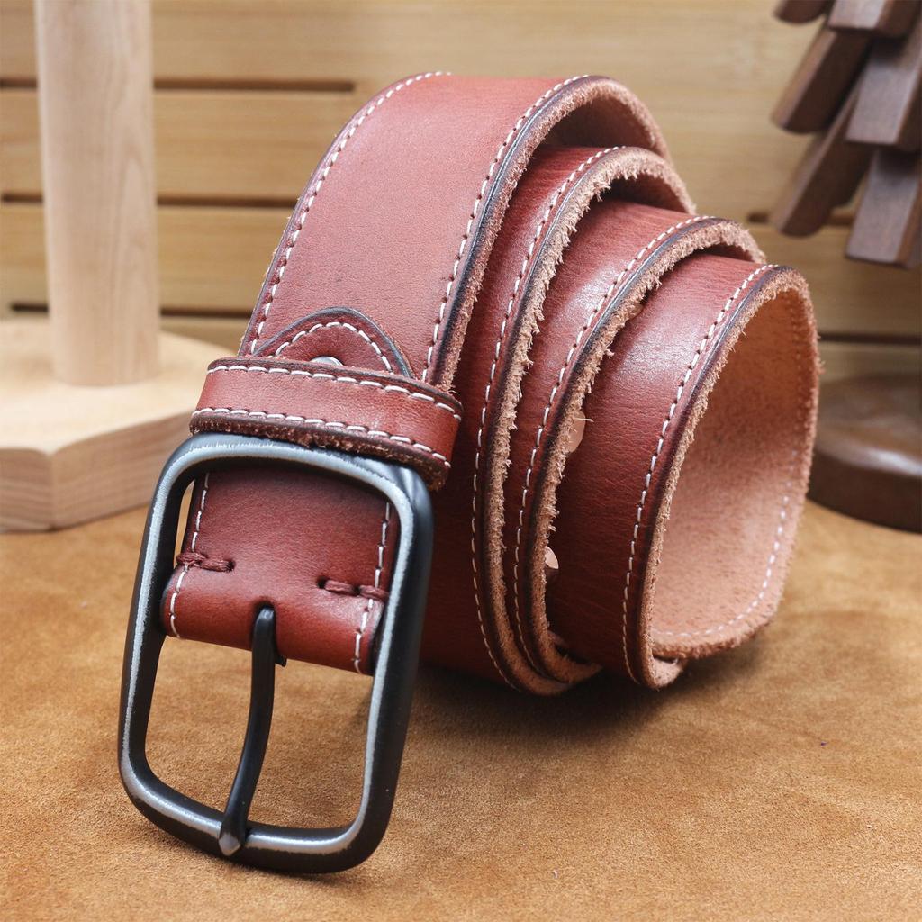 3.8CM Men's Retro Leather Belt, Distressed Stitch, Genuine Cowhide, Pin Buckle, Korean Style Casual Denim Waistband