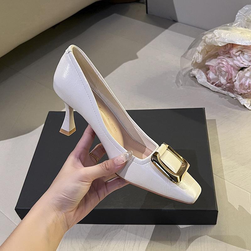

Beautiful temperament square buckle high heels women s thin heels square head single shoes wedding shoes work shoes are not tired 39
