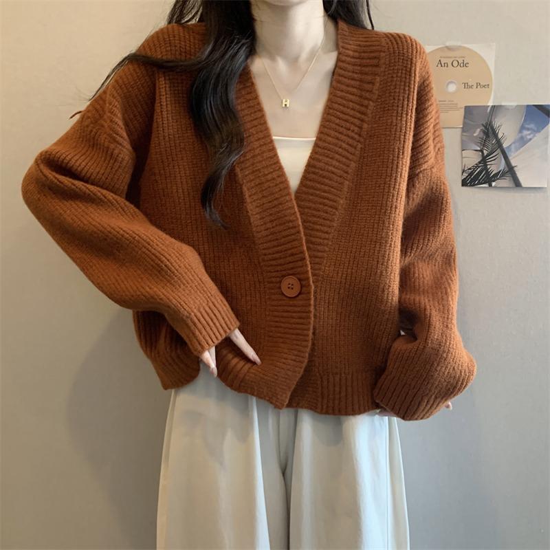 V-neck Fashion Women One Button Cardigan Short Sweater Autumn /Winter Long Sleeve Knitted Jackets Solid Color Elegant Loose Office Basic Casual Coats