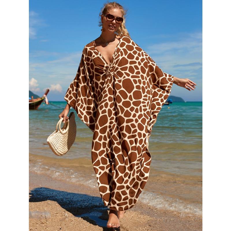 Women's Boho Cover Up, Plus Size Contrast Loose Fit Vacay Beach Kaftan Dress