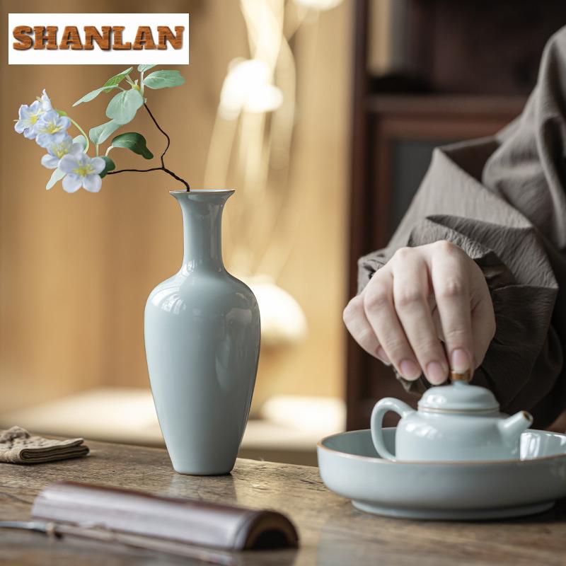 Handmade Azure Ru Kiln Porcelain Vase Creative Terrarium Hydroponics Plant Pot Basket Household Flowerpot Tea Items Decoration