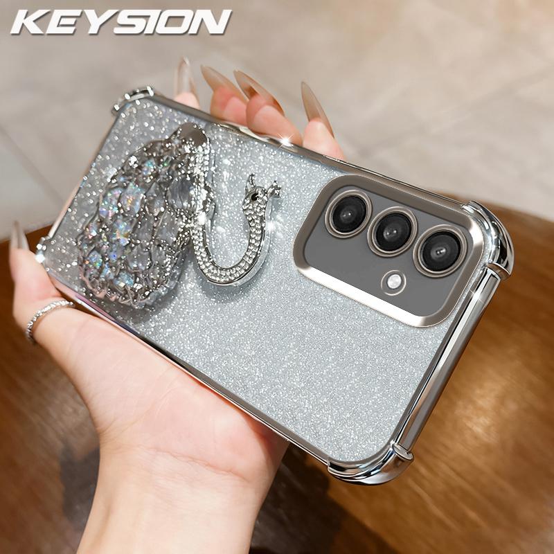 KEYSION Shockproof Plating TPU Phone Case for Samsung S24 S25 Ultra S25+ Glitter Jewelled Swan kickstand Cover for Galaxy S24 S25 FE 5G