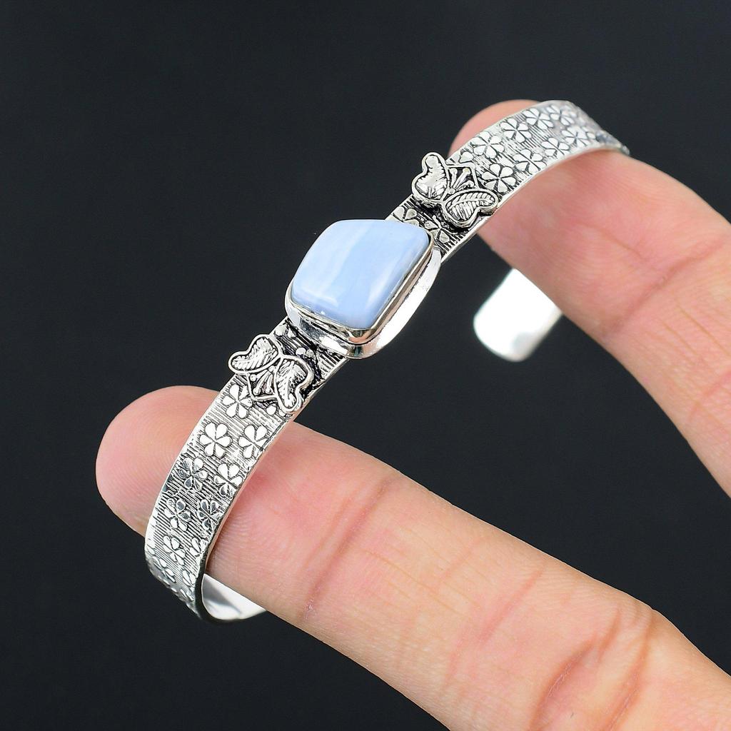 Womens day Deal 925 Silver Owyhee Blue Opal Stone Wife Birthday Bangle Bracelet