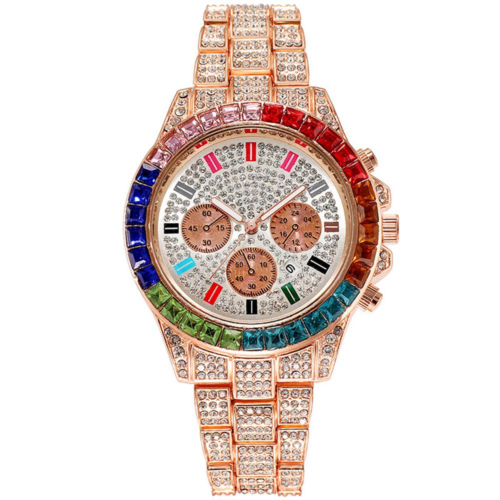 

Luxury Diamond-Studded Steel Watch with Colorful Dial and Calendar розового золота