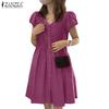 ZANZEA Women Casual V-Neck Summer Short Sleeve Dress