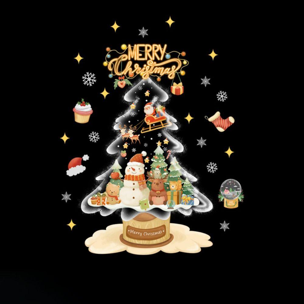 Cartoon Shopwindow Decals Santa Clause Reindeer Xmas Tree Sticker  Festival