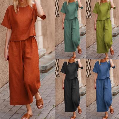 Women Summer Casual Cotton Outfits Half Sleeve T-shirt and Trousers Two Piece Suit Set