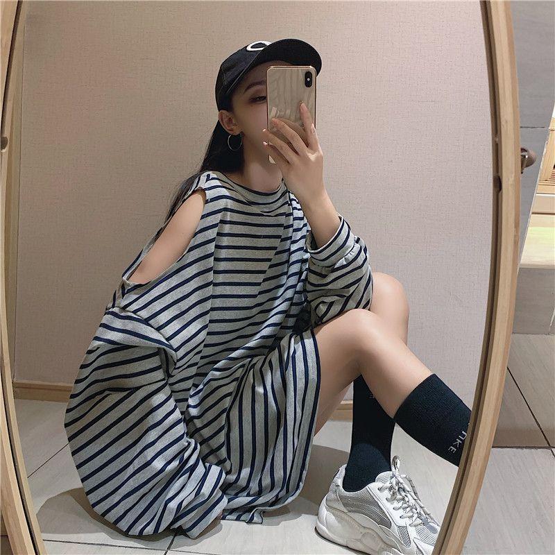 Plus Size Striped Long Sleeve Off Shoulder T-Shirts Women Summer Loose Tops Oversized Baggy Autumn Tshirts