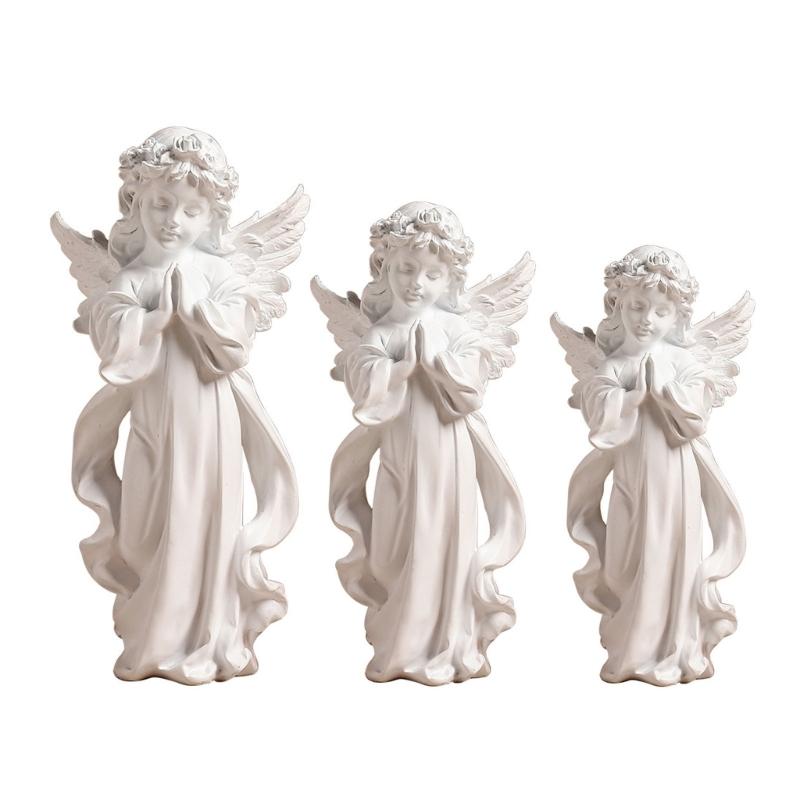 Resins Little Angel Girl Statue Artistic Desk Decors Nordic Styles Praying Cherub Sculpture With Wing Religious Gift
