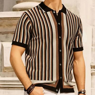 Casual Vintage Button Lapel Shirts Striped Splicing Color Short Sleeve Summer Men's Luxury Knitted Polo Shirts