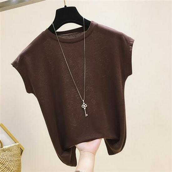 

Летний женский облегающий трикотажный свитер из ледяного шелка - Однотонный, с круглым вырезом, с коротким рукавом, стиль 2025 L (105-115 jin) кофейный