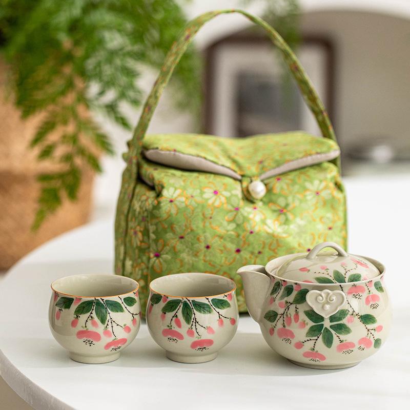 Hand painted stamen Kung Fu tea set, plant ash underglaze color brewing teapot, teacup storage bag, household ceramic travel set