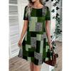 Summer and Spring Best-selling Geometric Printed Color Blocked Dress, Comfortable and Casual Round Neck Short Sleeved Dress, Women's Clothing