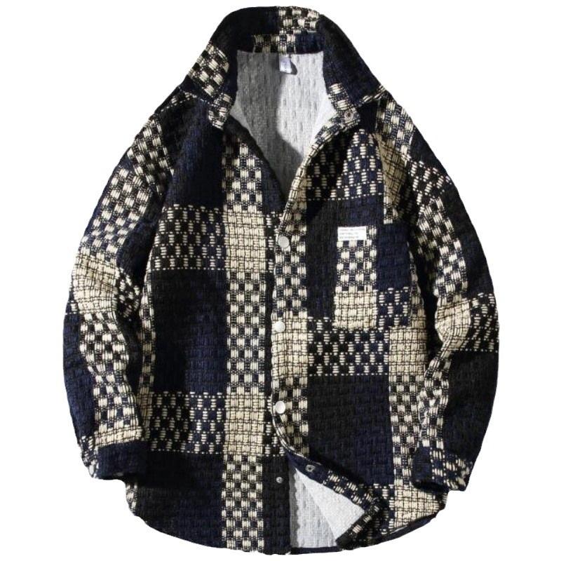 Men's Plaid Tweed Jacket Casual Button Down Shacket Coat Long Sleeve Loose Fit Streetwear Autumn Winter Fashion Outerwear