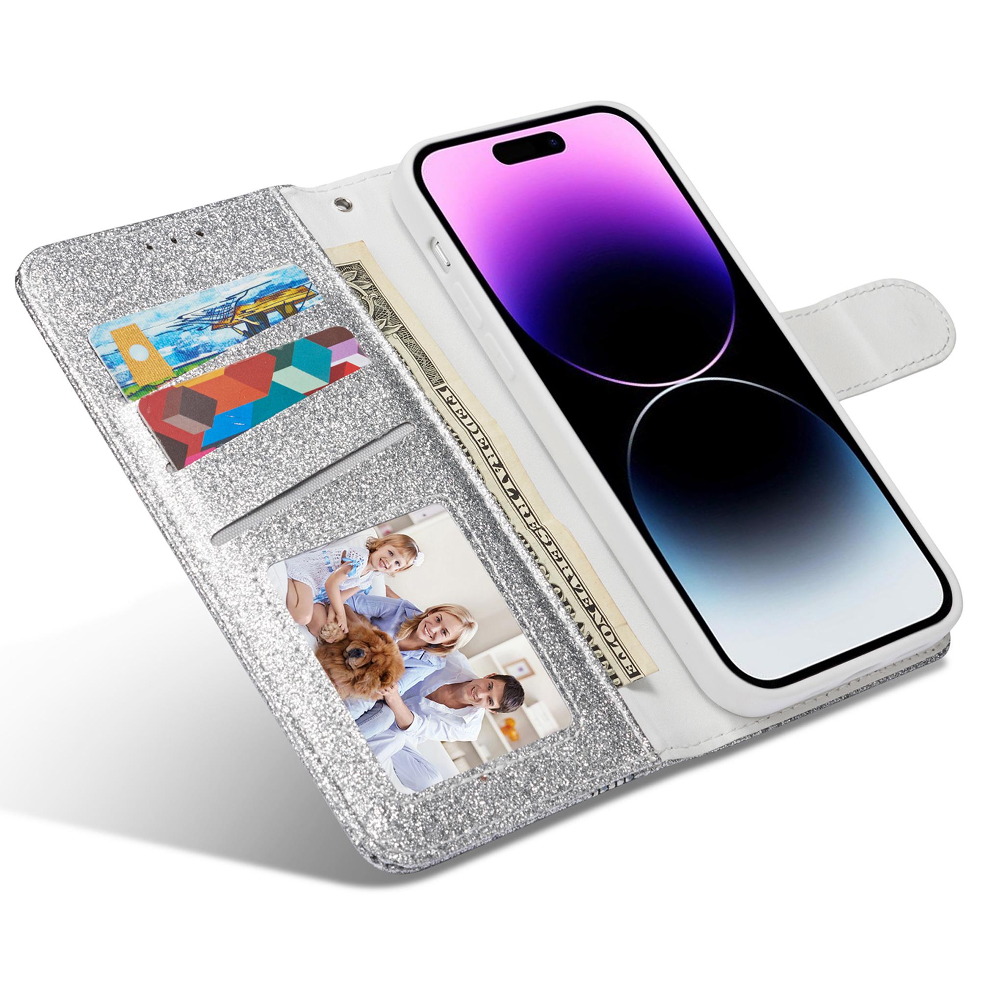 

For iPhone 15 Pro Glitter Leather Case with Metal Diamond Buttery Wallet Stand Cover Rose Gold