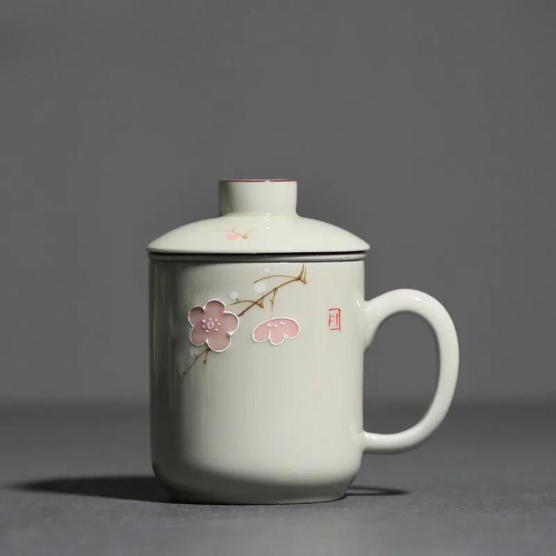 320ml Hand Drawn Peach Blossom Ceramic Filter Tea Separator Cup Tea Brewing Separation Mug Office Work Mug Teacher's Day Gift