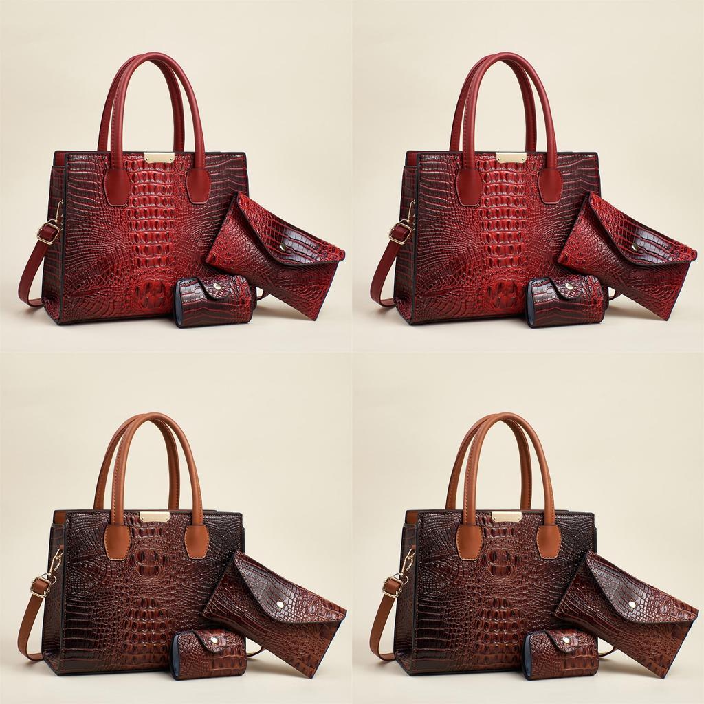 Fashion Solid Color Crocodile Texture Women Casual Shoulder Bag Three Piece Set For Work And Travel