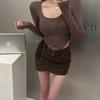 Chic U-Neck Irregular Hem Slim Fit Long-Sleeve T-Shirt