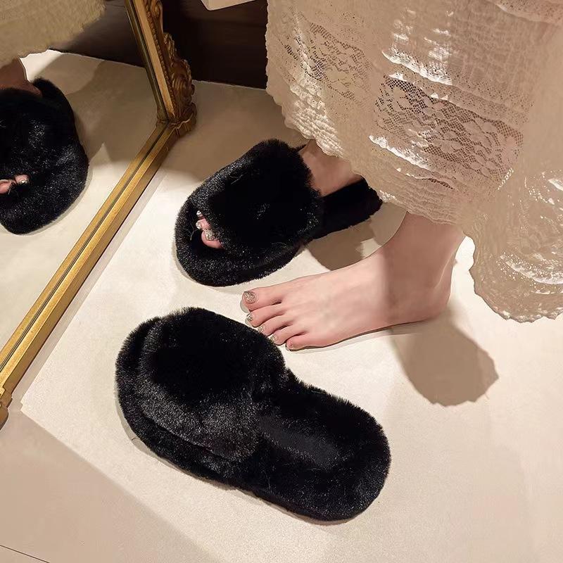 Mao Mao slippers women's new high-end outdoor wear versatile autumn and winter one-word thick-bottomed cotton slippers