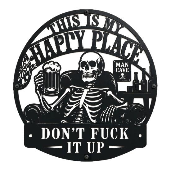 Wall Decoration Metal Art Sign with Skull Slogan Design Pre-Drilled Holes Easy Install Decorative Plaque Rustproof Decor for Garage, Workshop,
