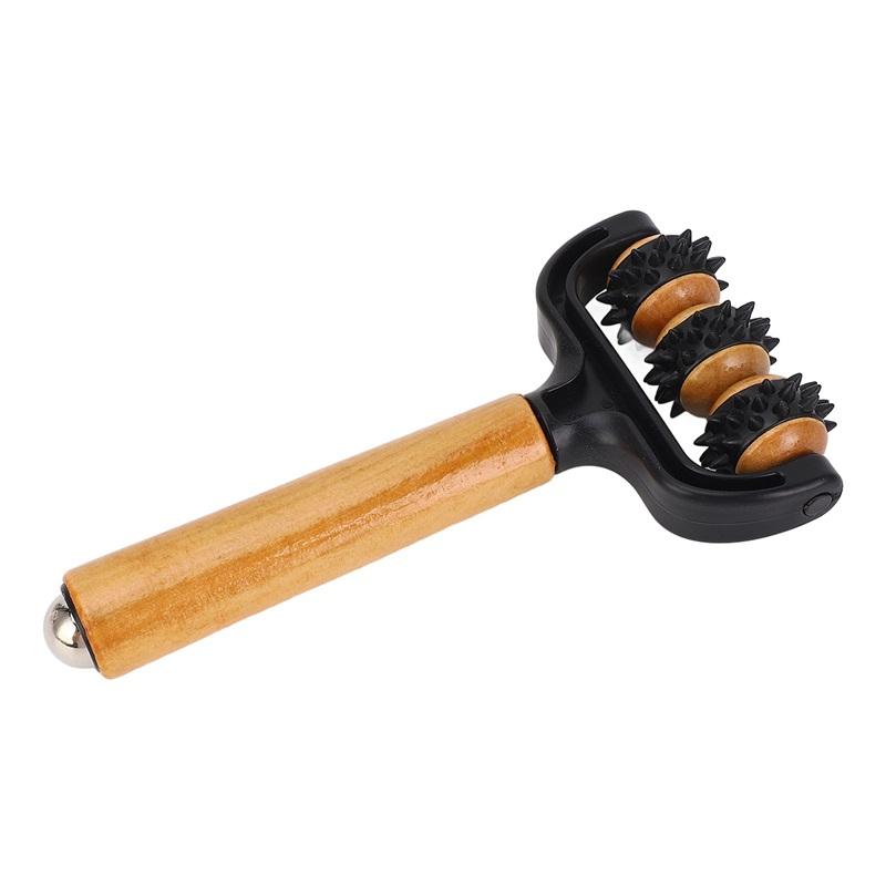 Ręczne narzędzie do masażu wałkiem Ręczne kolczaste kulki do masażu Wałek 3 kółka Ergonomiczna rączka Drewniane narzędzie do masażu mięśni