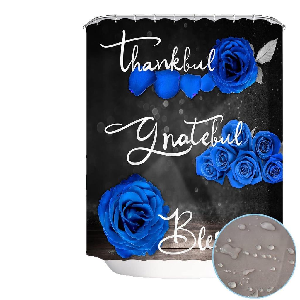 4-Piece Blue Rose Shower Curtain Set, Thank You Blessing Bathroom Curtain With Non-Slip Carpet Toilet Cover Pad U-Shaped Pad