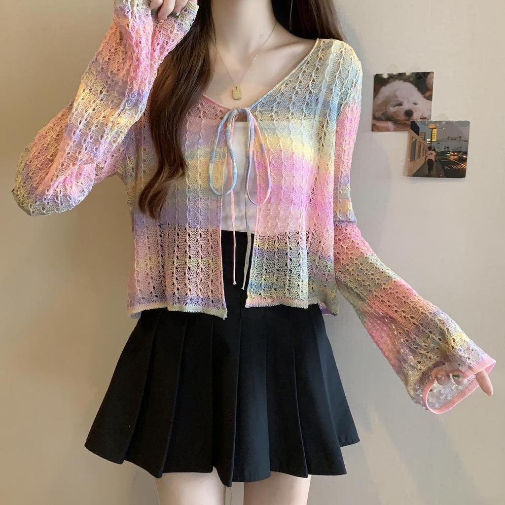 Summer Rainbow Hollow Out Knit Cover Up Ice Silk Cardigan Coat Sun Protection Outer Wear Short Sweet Spicy Dopamine Top